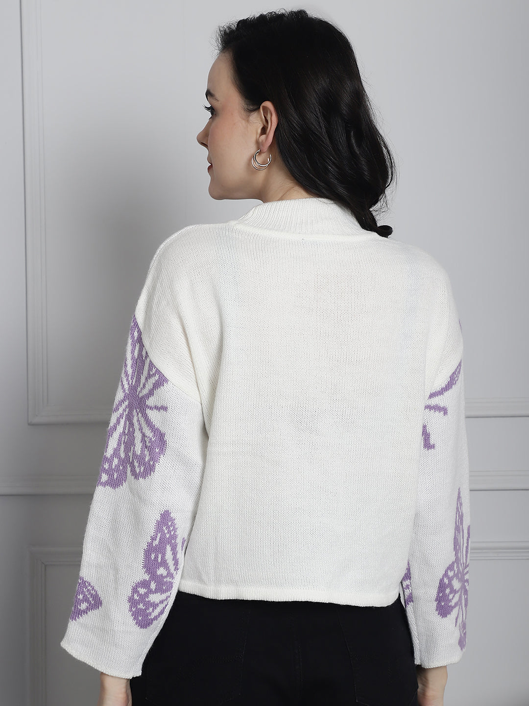 Acrylic White Butterfly Print Sweater