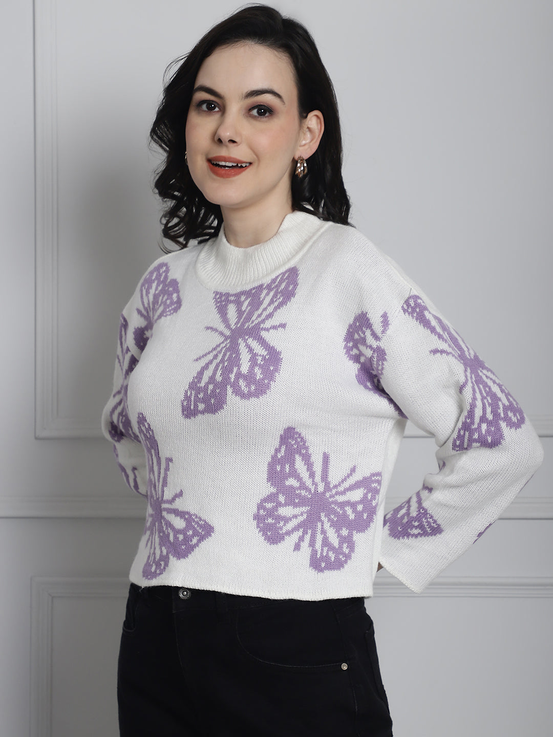 Acrylic White Butterfly Print Sweater