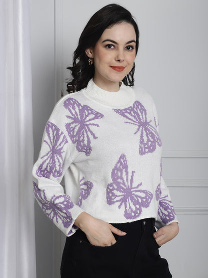 Acrylic White Butterfly Print Sweater