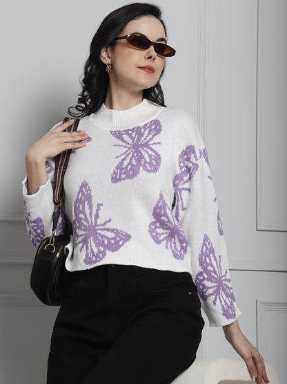 Acrylic White Butterfly Print Sweater