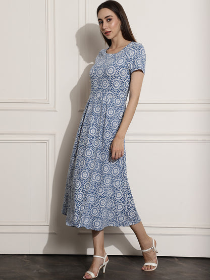 Cotton Printed Blue Dress