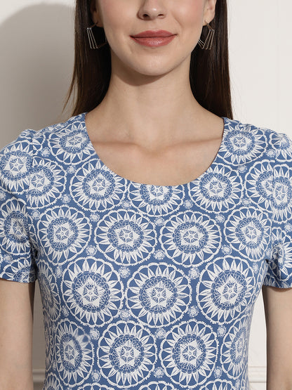 Cotton Printed Blue Dress