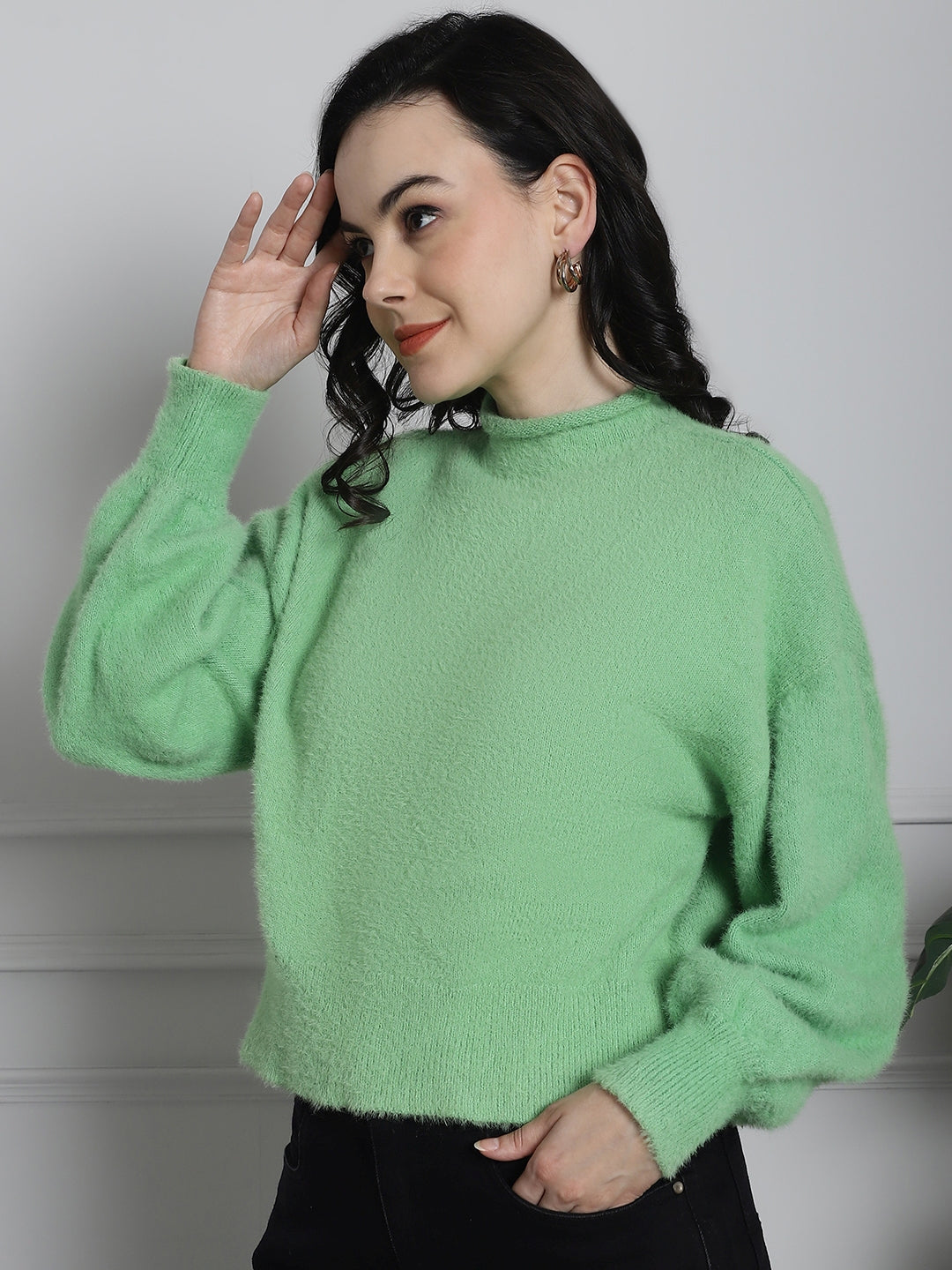 Acrylic Full Sleeve Green Sweater