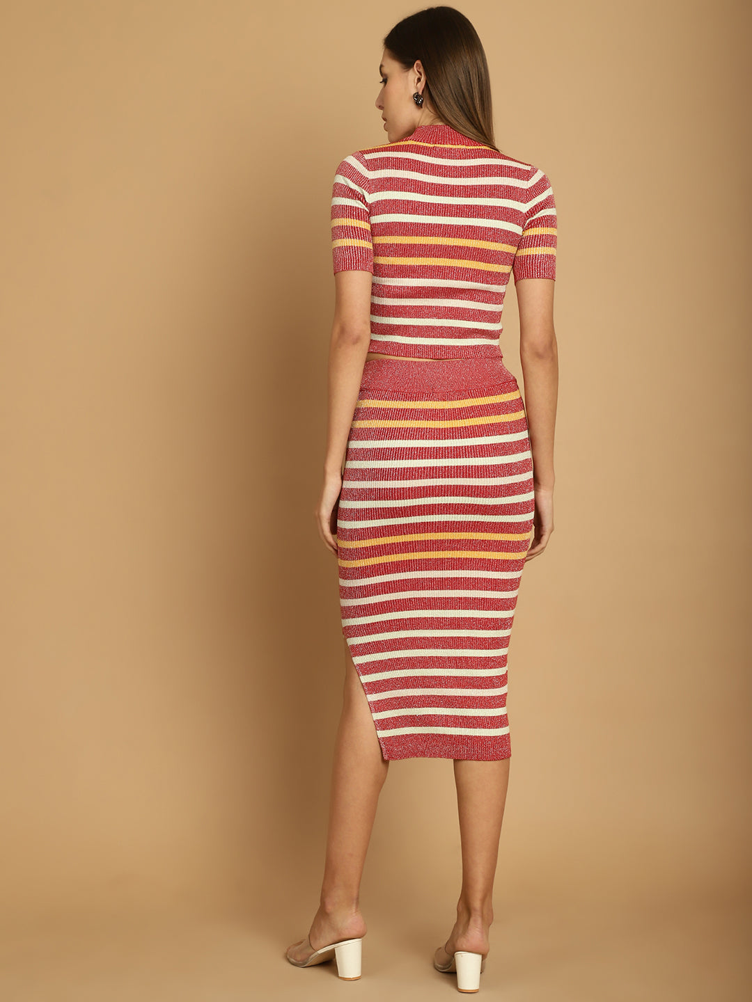 Multi-Color Stripe Knitting Top and Slit Skirt Two Piece Set