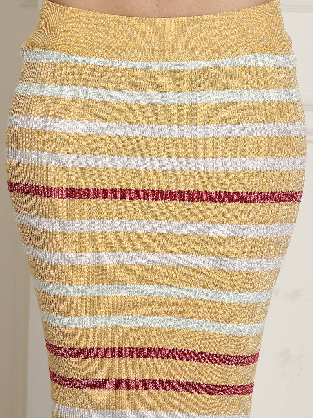 Multi-Color Stripe Knitting Top and Slit Skirt Two Piece Set