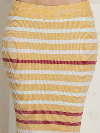 Multi-Color Stripe Knitting Top and Slit Skirt Two Piece Set