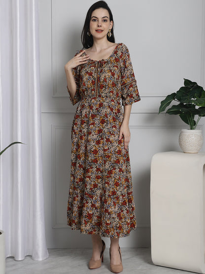 Cotton Floral Printed Fit and Flare Midi Dress