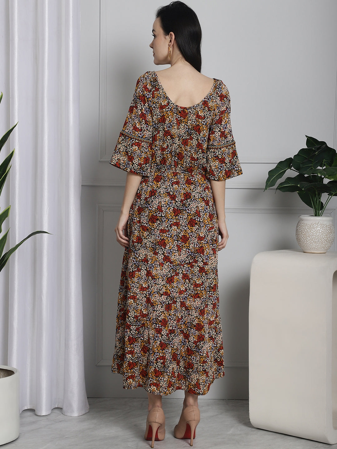 Cotton Floral Printed Fit and Flare Midi Dress