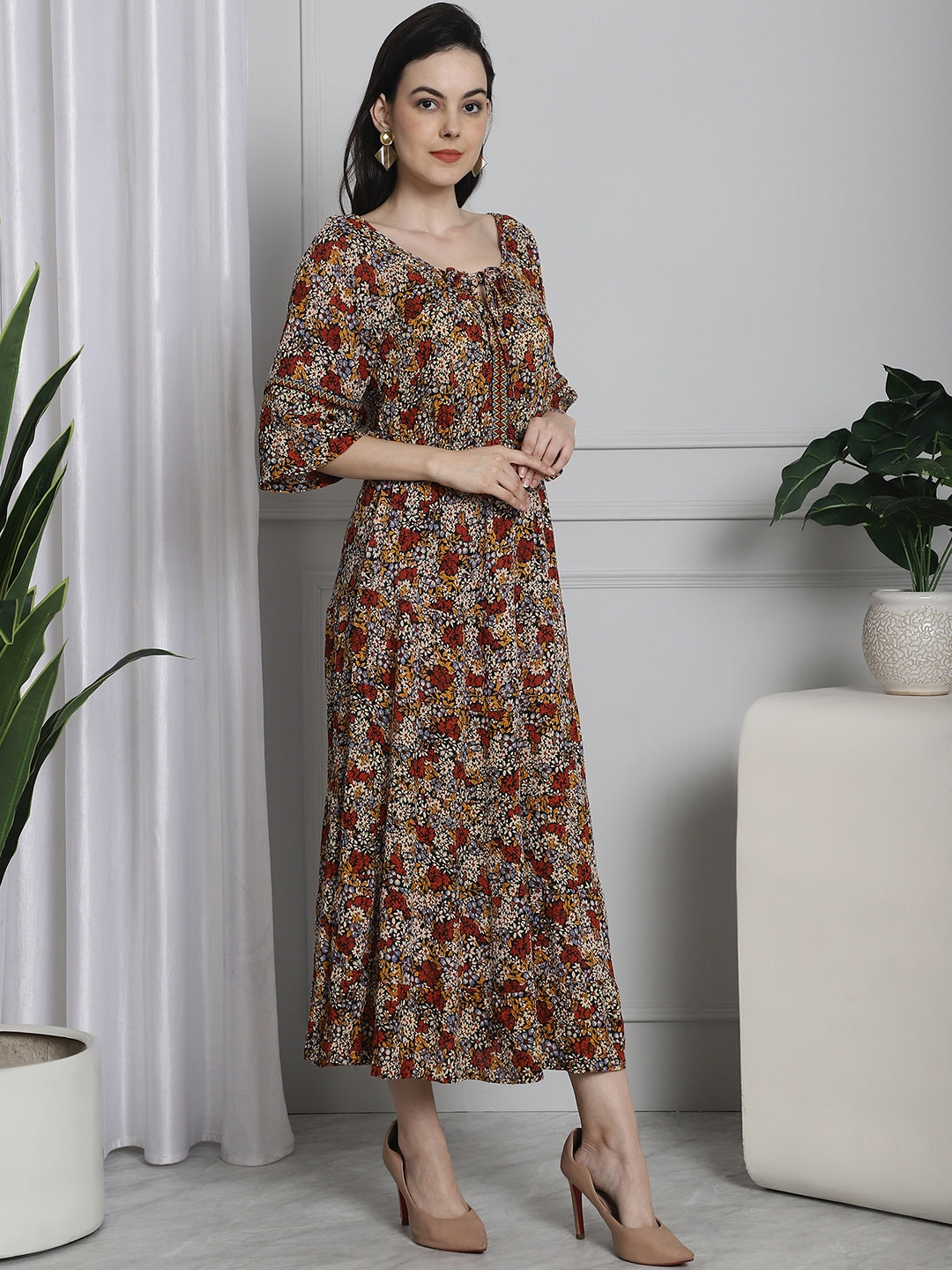 Cotton Floral Printed Fit and Flare Midi Dress