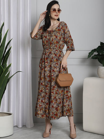 Cotton Floral Printed Fit and Flare Midi Dress