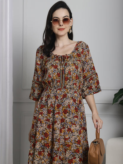 Cotton Floral Printed Fit and Flare Midi Dress