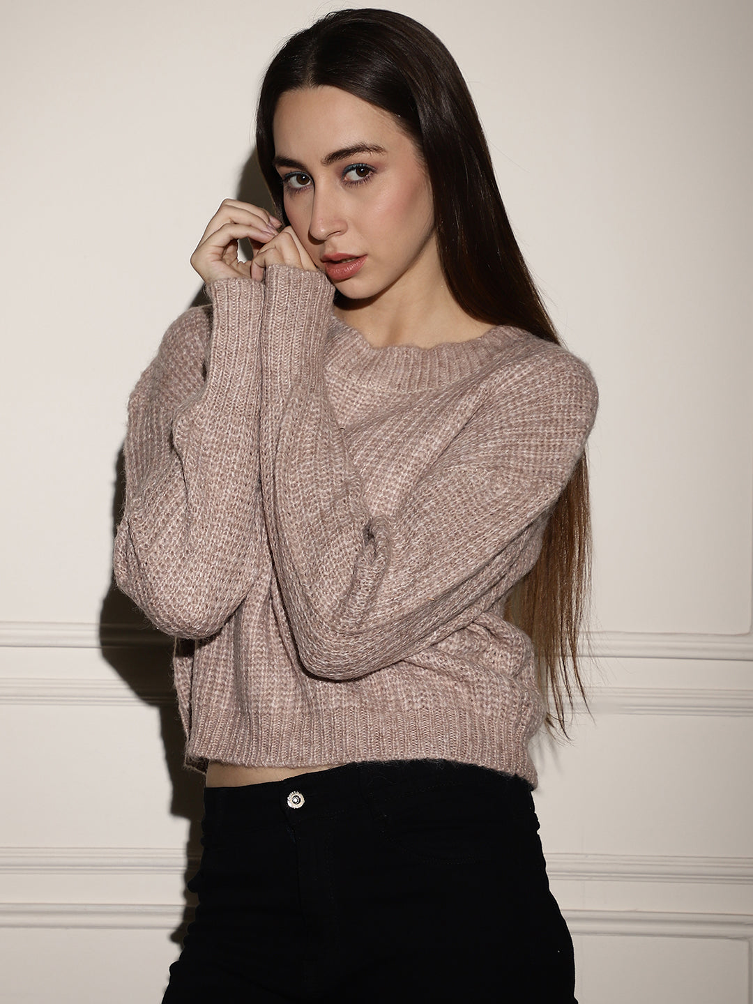 Viscose Crew Neck Full Sleeve Brown Sweater