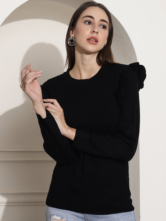 Ribbed Full Sleeve Black Top With Frills Top