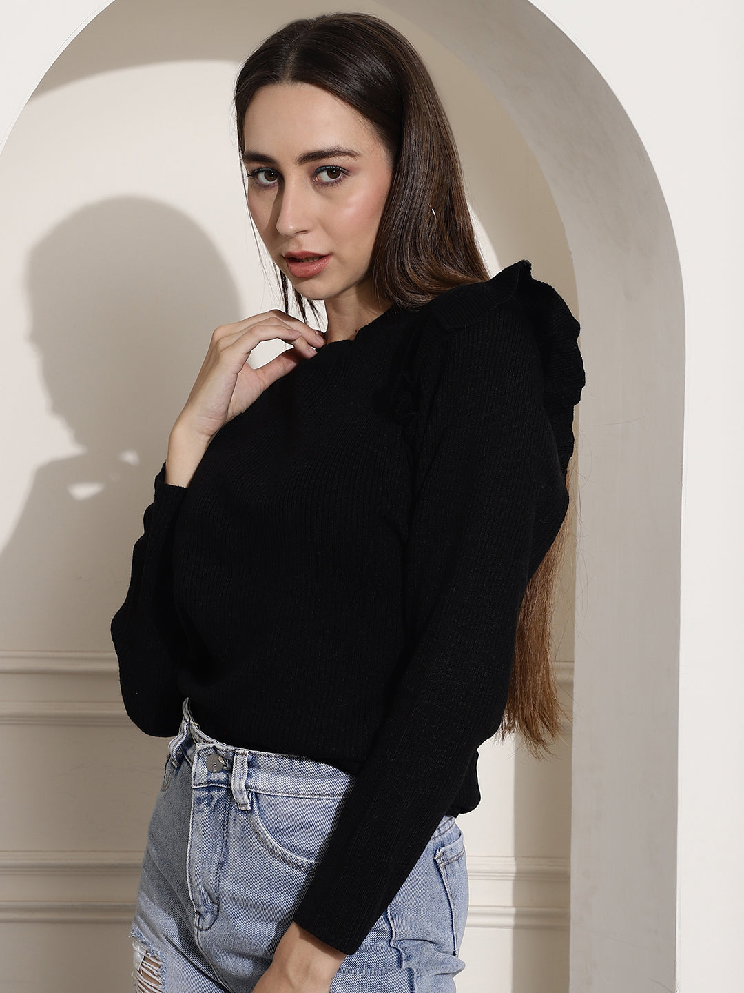 Ribbed Full Sleeve Black Top With Frills Top