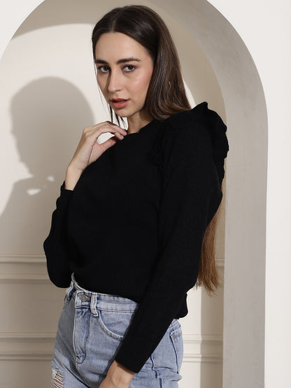 Ribbed Full Sleeve Black Top With Frills Top