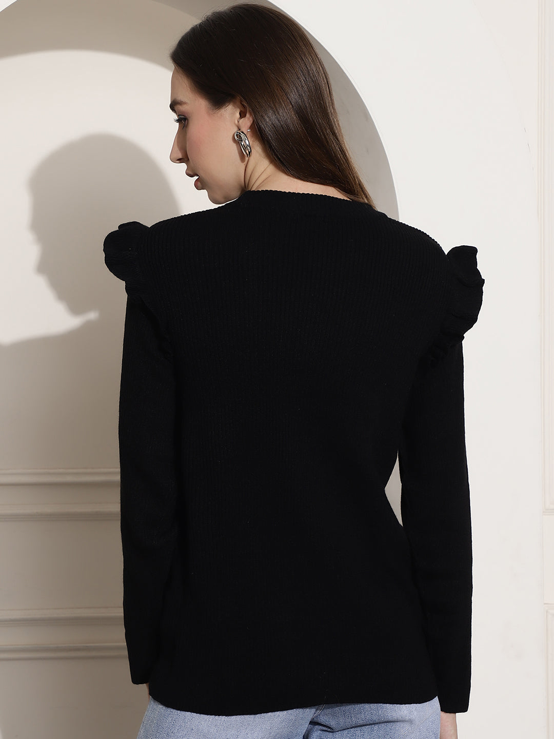 Ribbed Full Sleeve Black Top With Frills Top