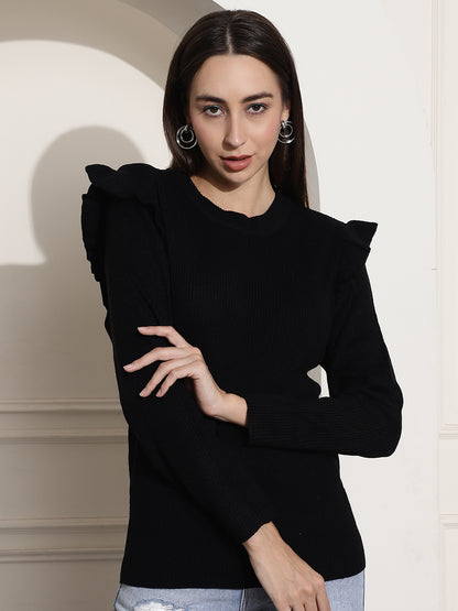 Ribbed Full Sleeve Black Top With Frills Top