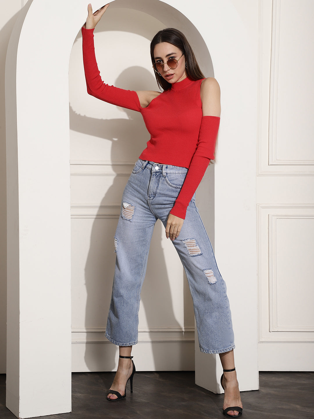 Ribbed Cold-Shoulder Red Top