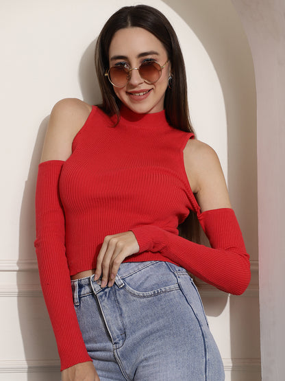 Ribbed Cold-Shoulder Red Top