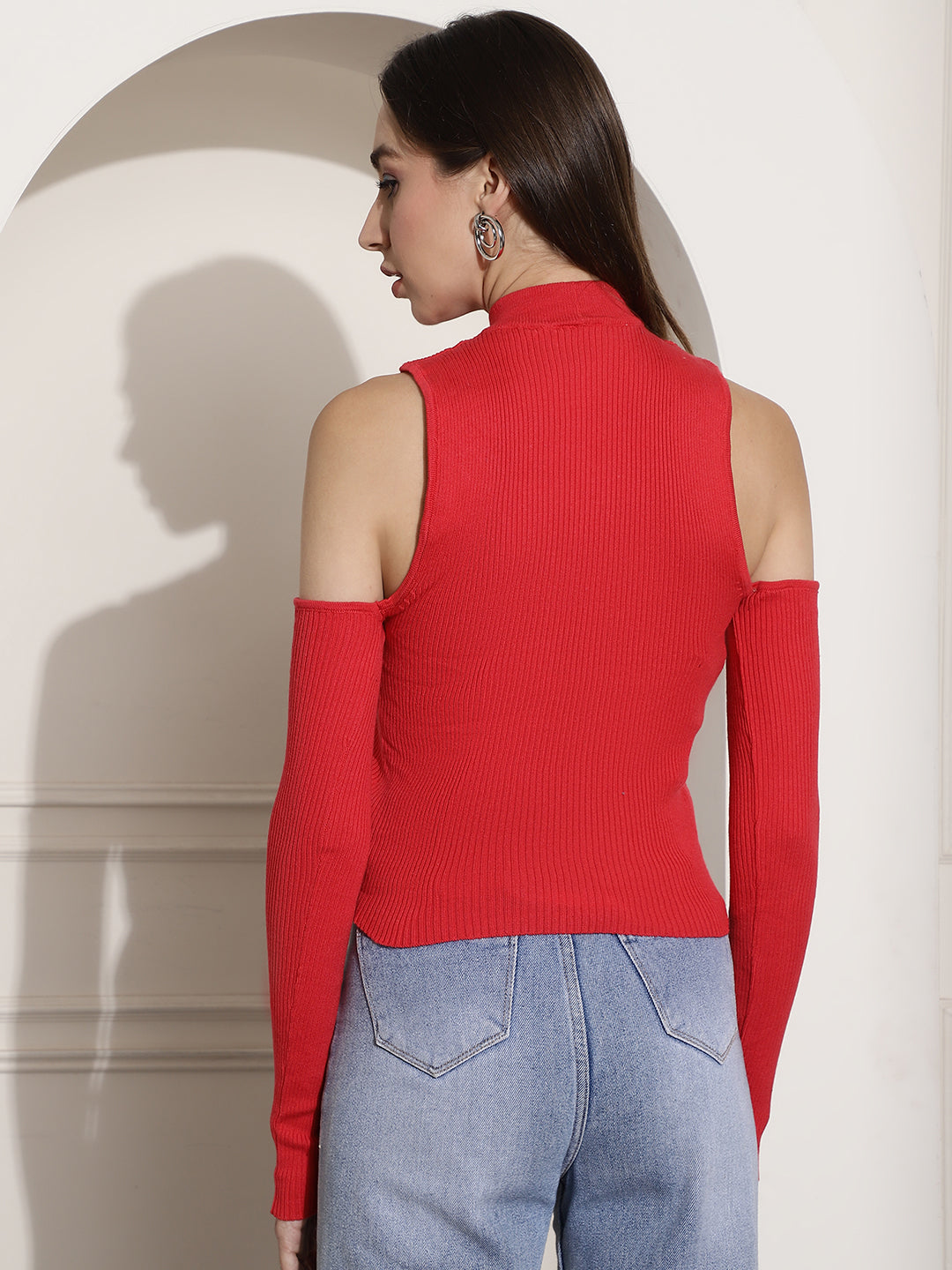 Ribbed Cold-Shoulder Red Top