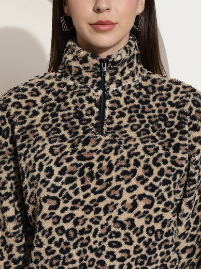 Polyester High-Neck Half Zip Animal Sweater