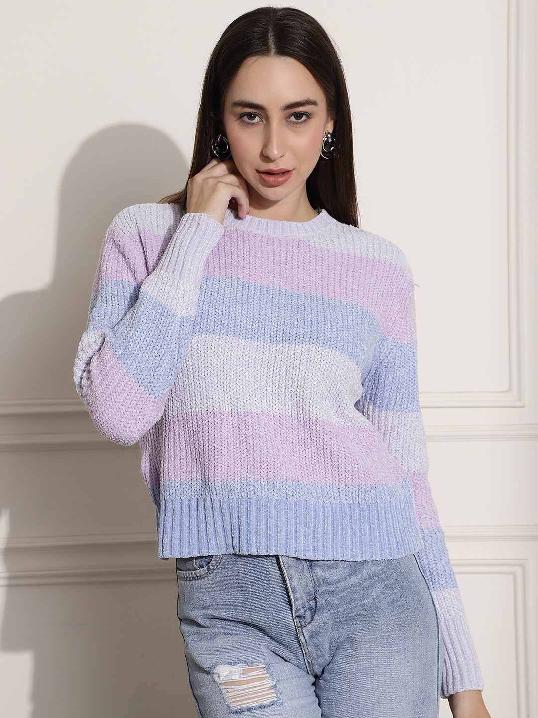 Viscose Crew Neck Full Sleeve Blue and Pink Sweater