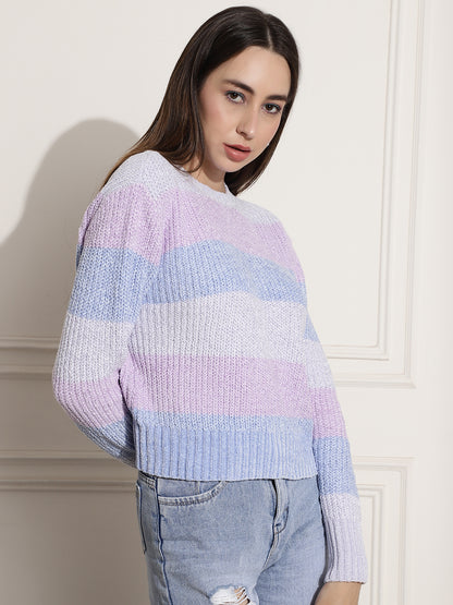 Viscose Crew Neck Full Sleeve Blue and Pink Sweater