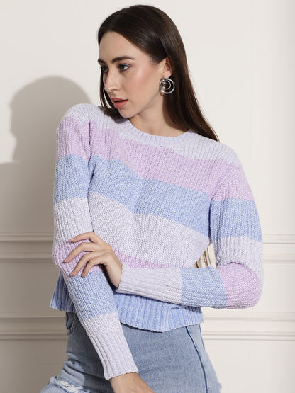 Viscose Crew Neck Full Sleeve Blue and Pink Sweater