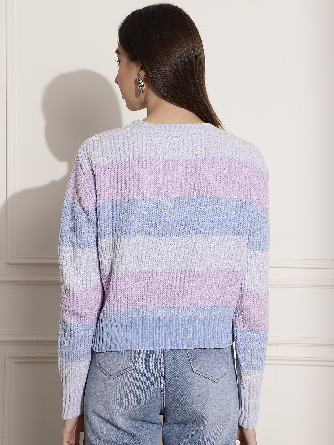 Viscose Crew Neck Full Sleeve Blue and Pink Sweater