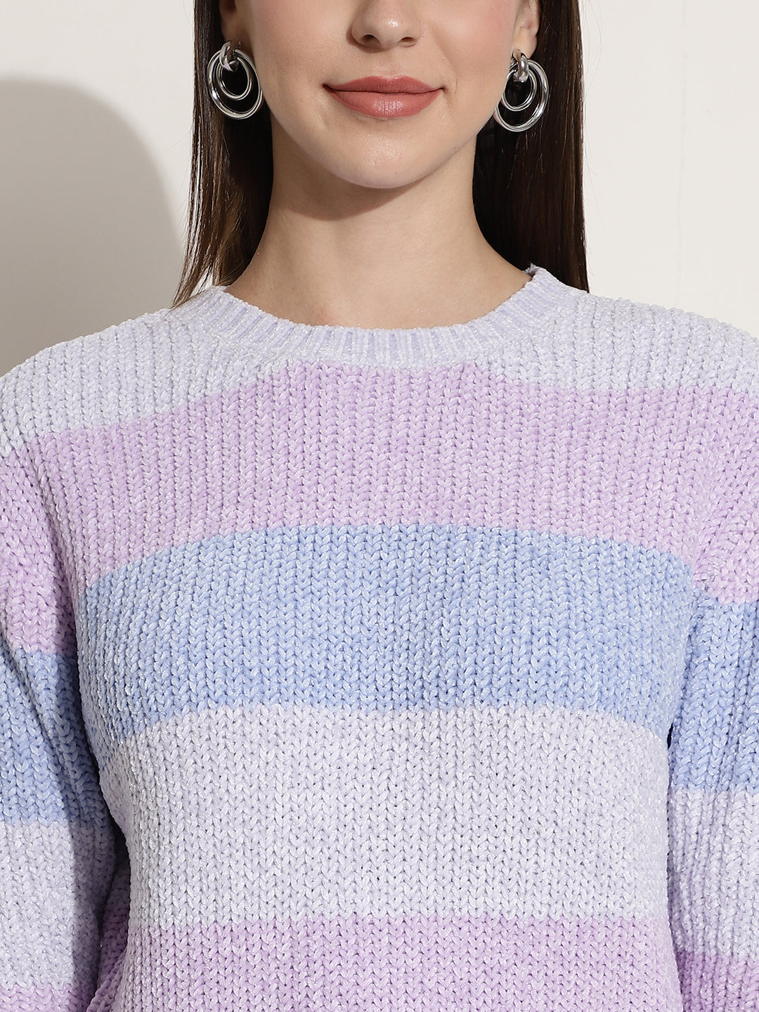 Viscose Crew Neck Full Sleeve Blue and Pink Sweater