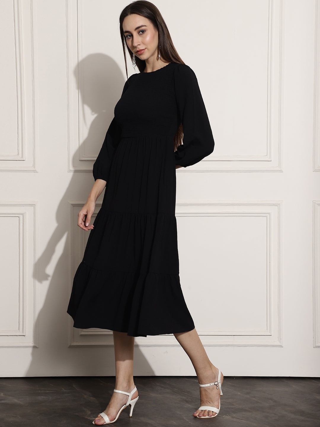 Rayon Solid Fit and Flare Black Dress