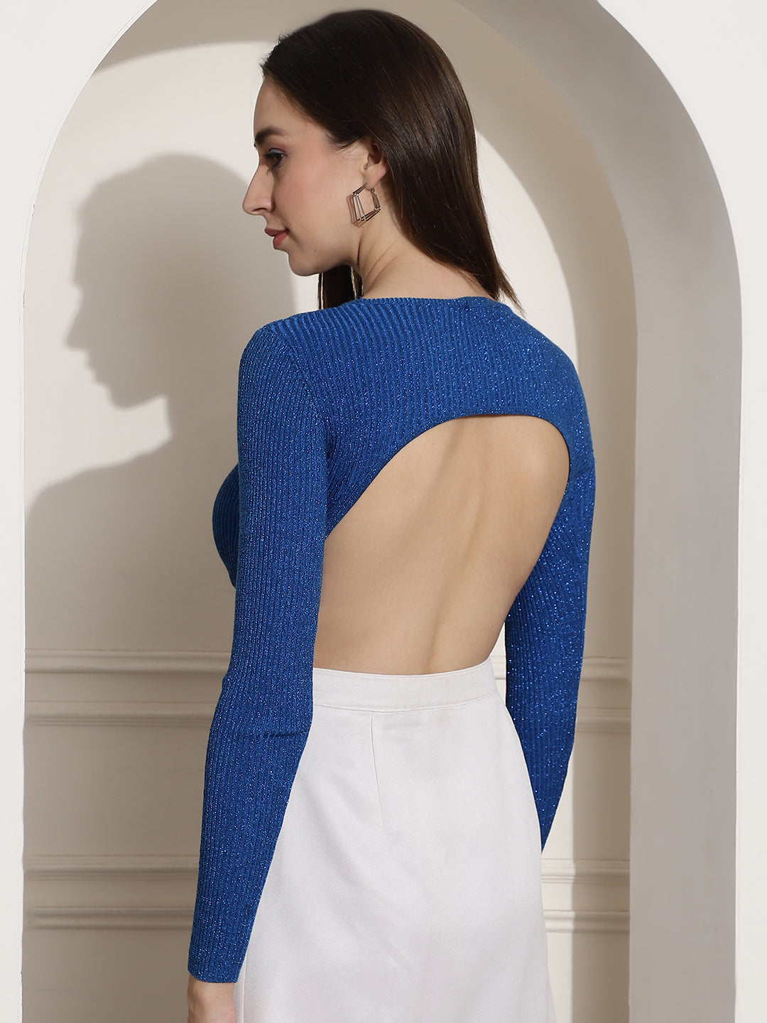 Viscose Ribbed Glitter Deep Back Blue Top