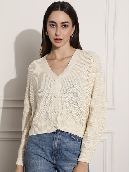 Rib-knit V-neck With Buttons Cream cardigan