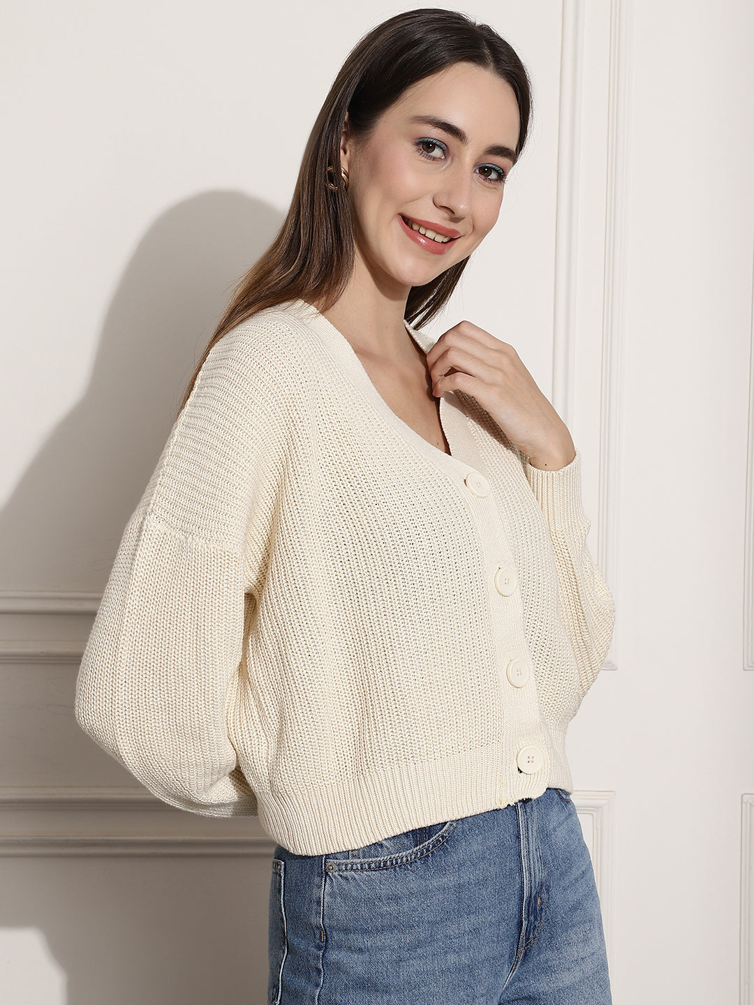 Rib-knit V-neck With Buttons Cream cardigan