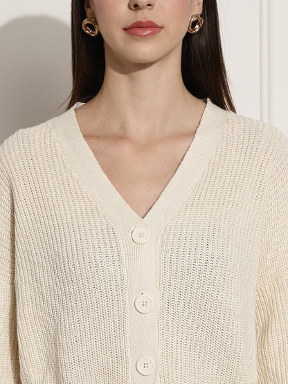 Rib-knit V-neck With Buttons Cream cardigan