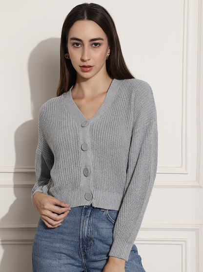 Rib-knit V-neck With Buttons Grey cardigan