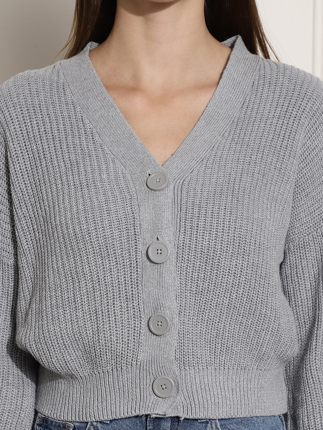 Rib-knit V-neck With Buttons Grey cardigan