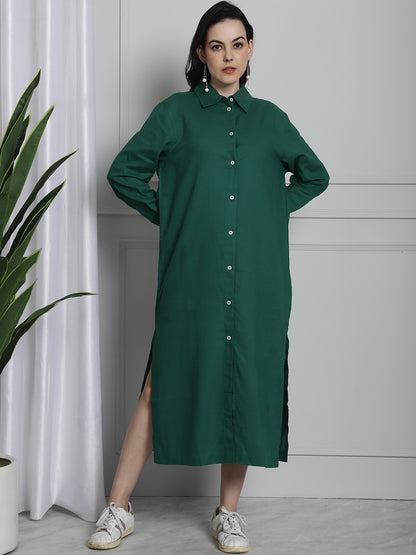 Long Cotton Relax fit Dark Green Shirt Dress