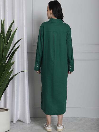 Long Cotton Relax fit Dark Green Shirt Dress