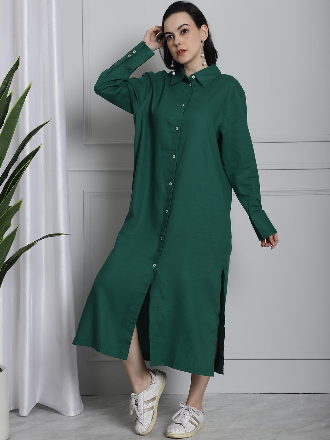 Long Cotton Relax fit Dark Green Shirt Dress