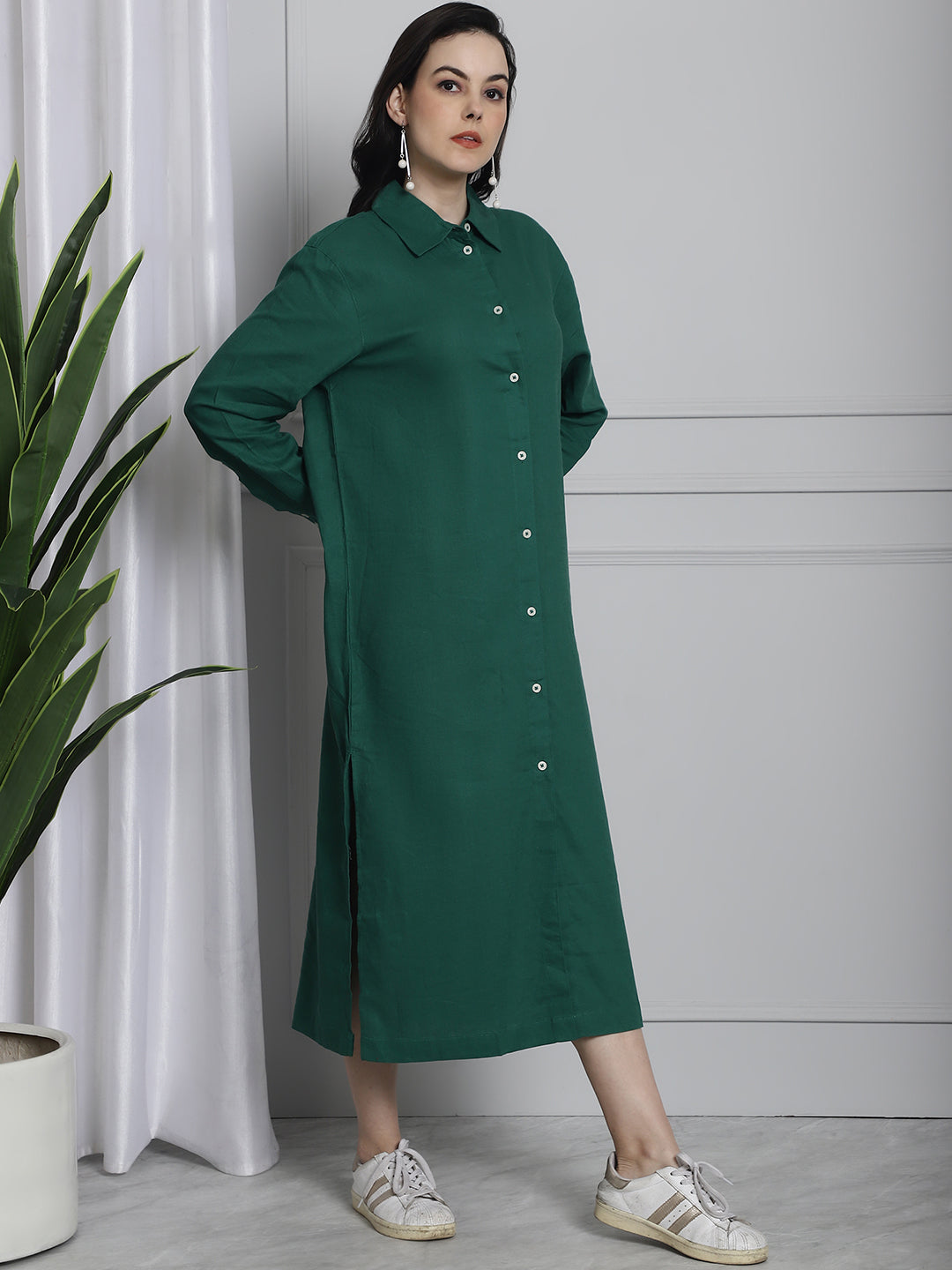 Long Cotton Relax fit Dark Green Shirt Dress