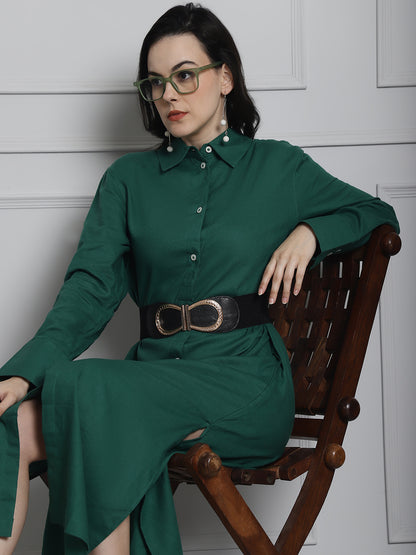 Long Cotton Relax fit Dark Green Shirt Dress