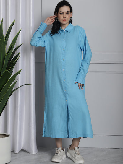 Long Cotton Relax fit Sky Blue Shirt Dress