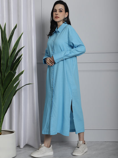 Long Cotton Relax fit Sky Blue Shirt Dress