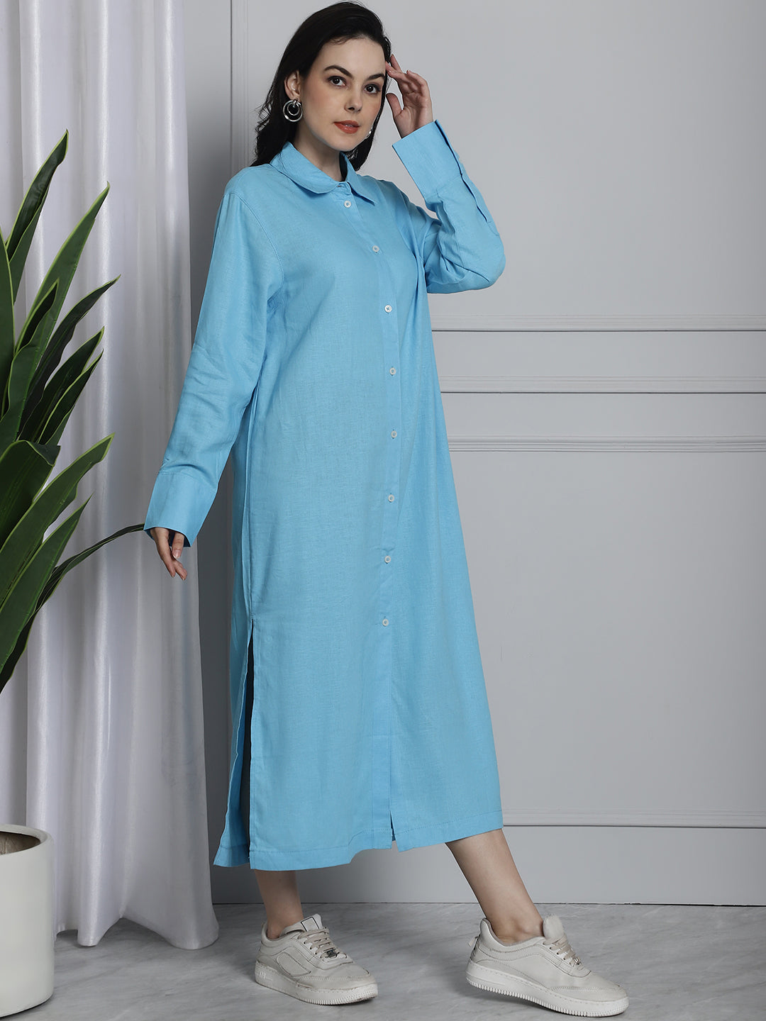 Long Cotton Relax fit Sky Blue Shirt Dress