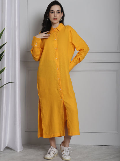 Long Cotton Relax fit Yellow Shirt Dress