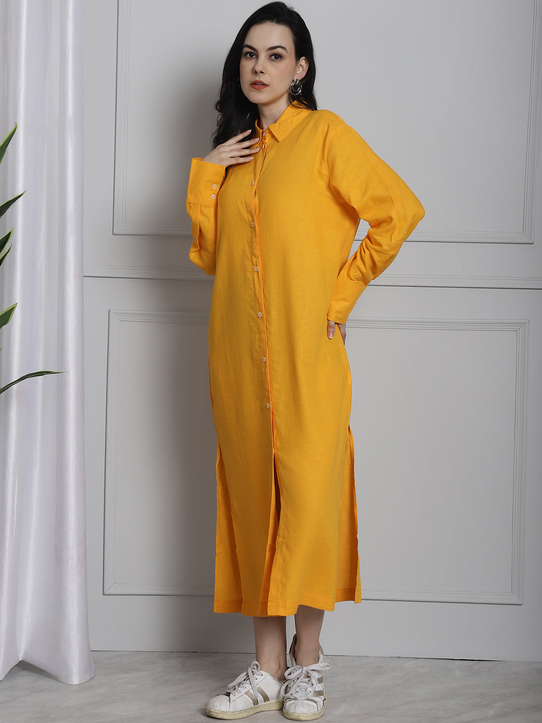 Long Cotton Relax fit Yellow Shirt Dress