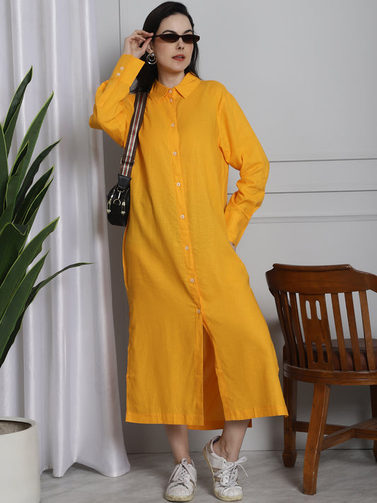 Long Cotton Relax fit Yellow Shirt Dress