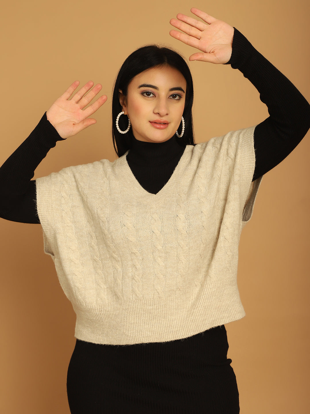 Acrylic V-Neck Vest Beige Sweater