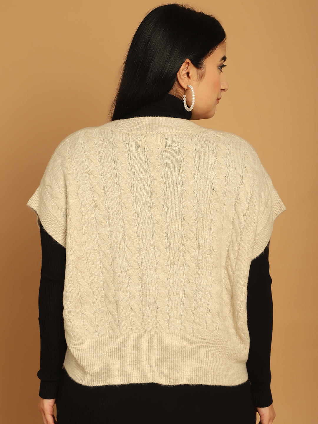 Acrylic V-Neck Vest Beige Sweater